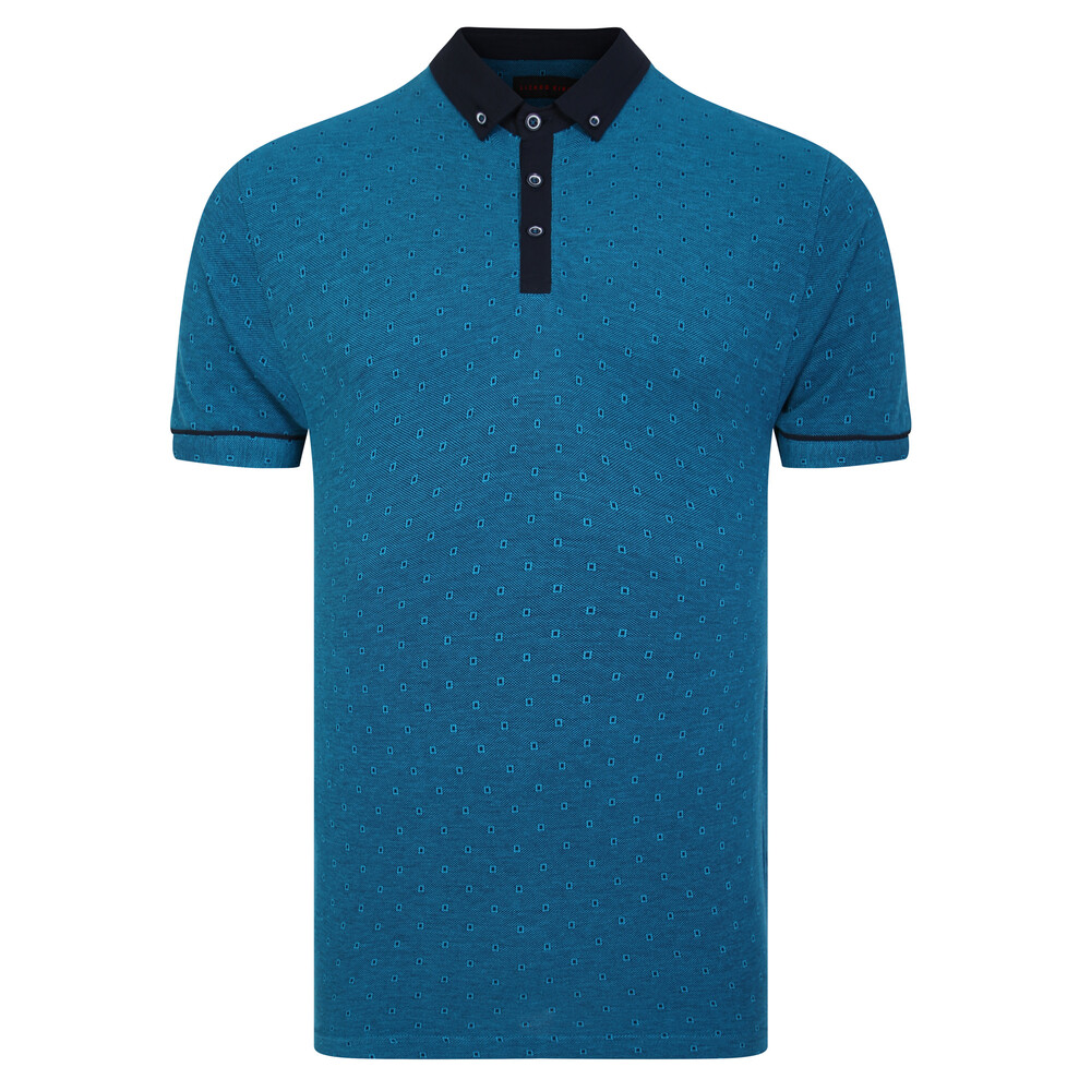 Two Tone Pique Geo Jacquard Polo Shirt Teal