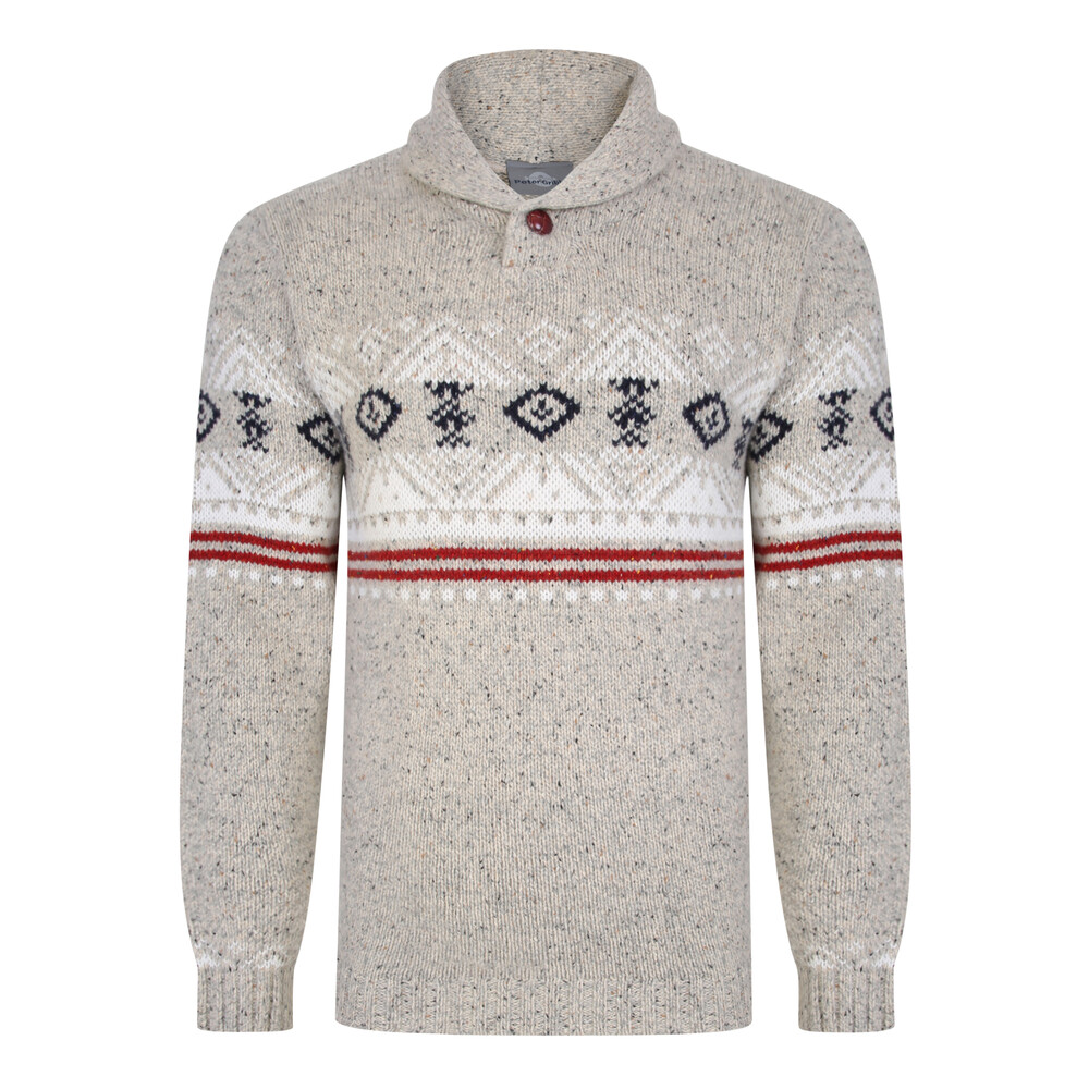 Nordic Ski Shawl Neck Jumper in Donegal Nep Oatmeal Base