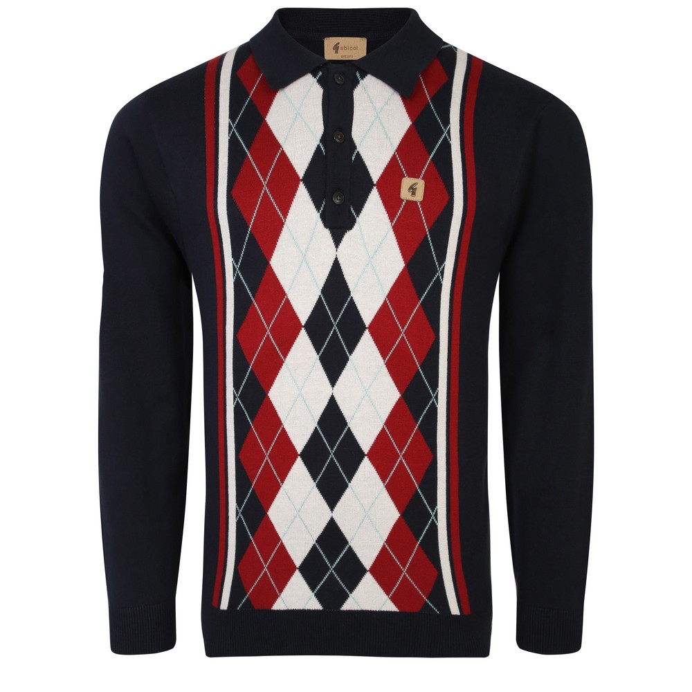Mens Gabicci Vintage Long Sleeve Diamond Patterned Collard Jumper in Navy