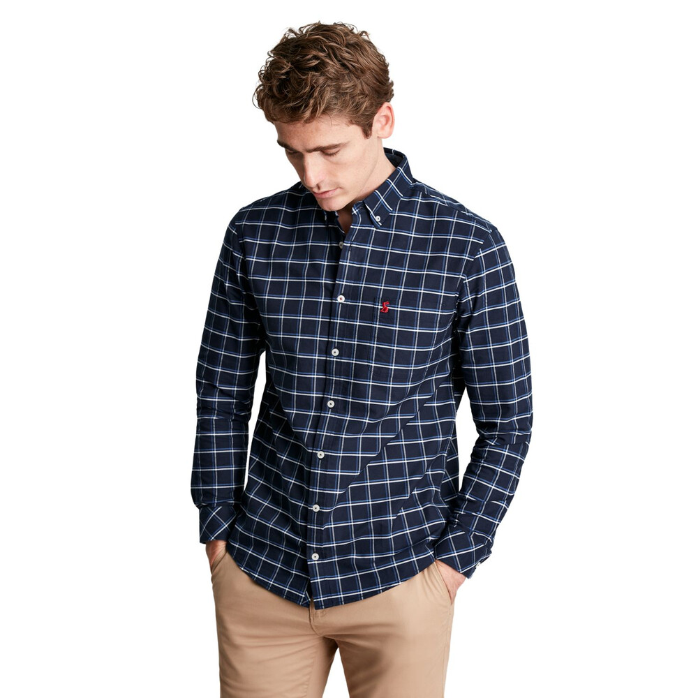 Mens Welfod Classic Long Sleeve Classic Fit Check Shirt Navy Blue Check