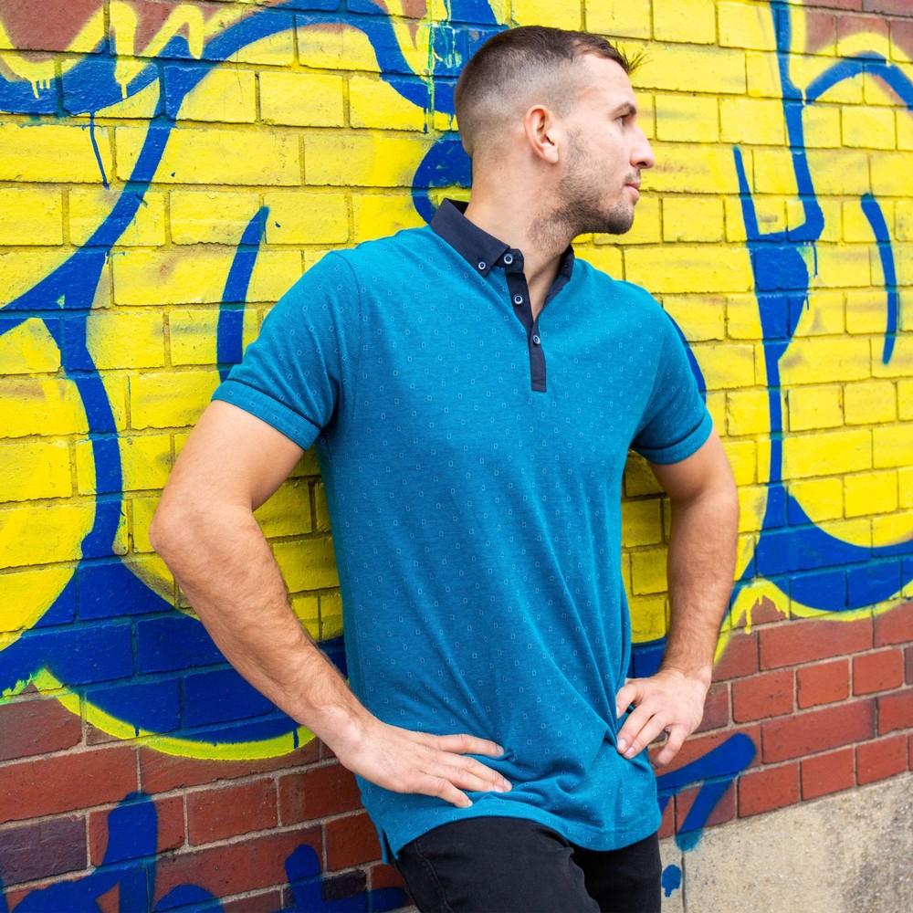 Two Tone Pique Geo Jacquard Polo Shirt Teal