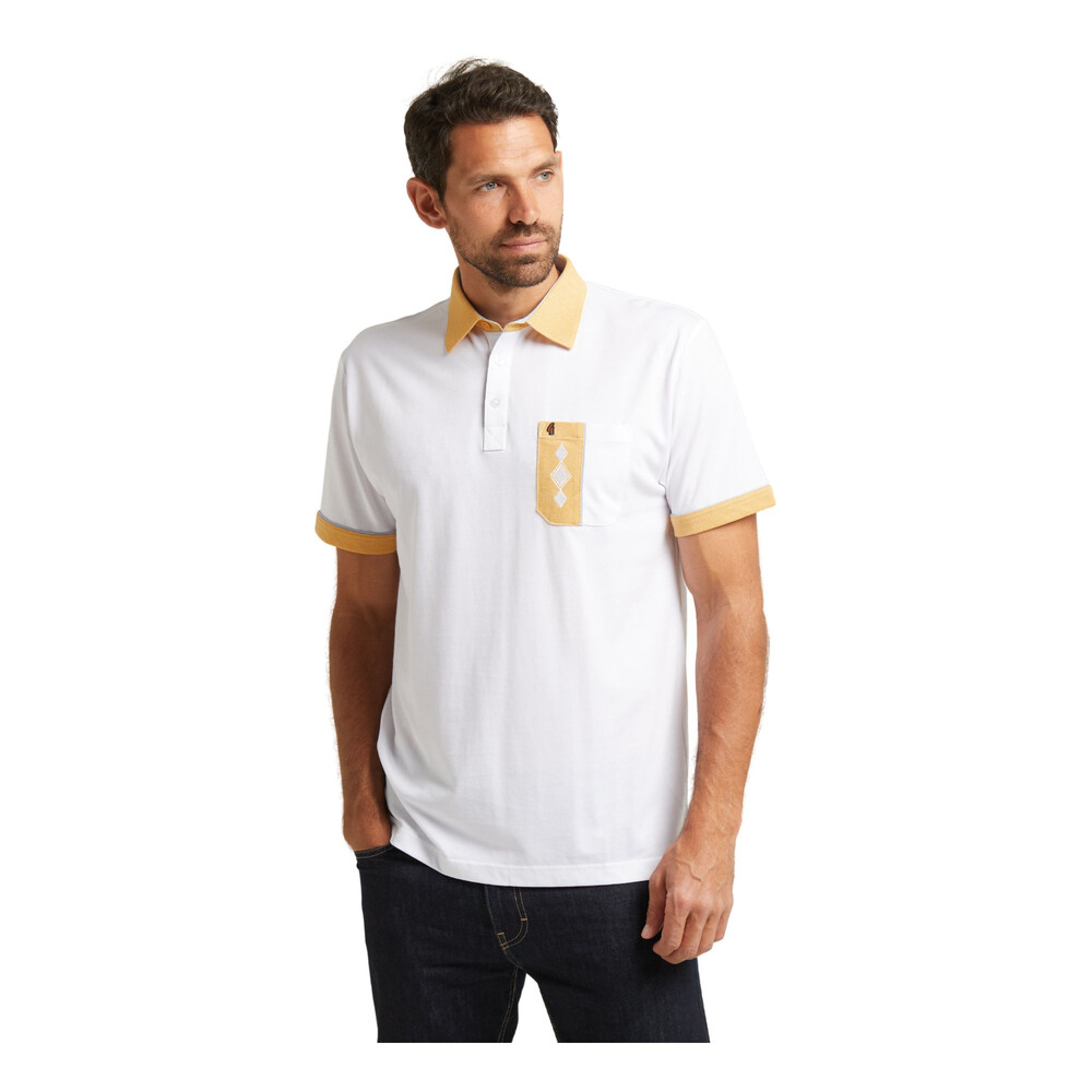 Short Sleeve Piped Pocket Diamond Design Polo White