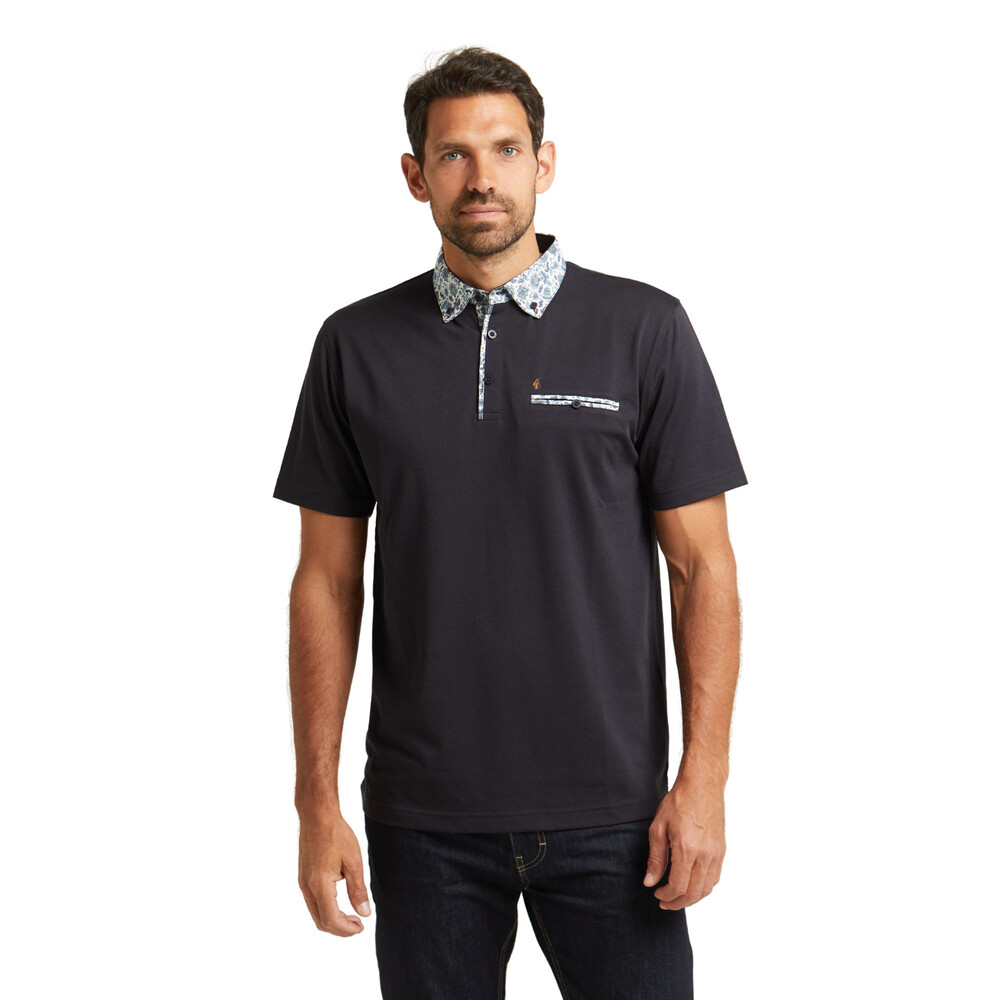 Short Sleeve Contrast Floral Collar Polo Navy