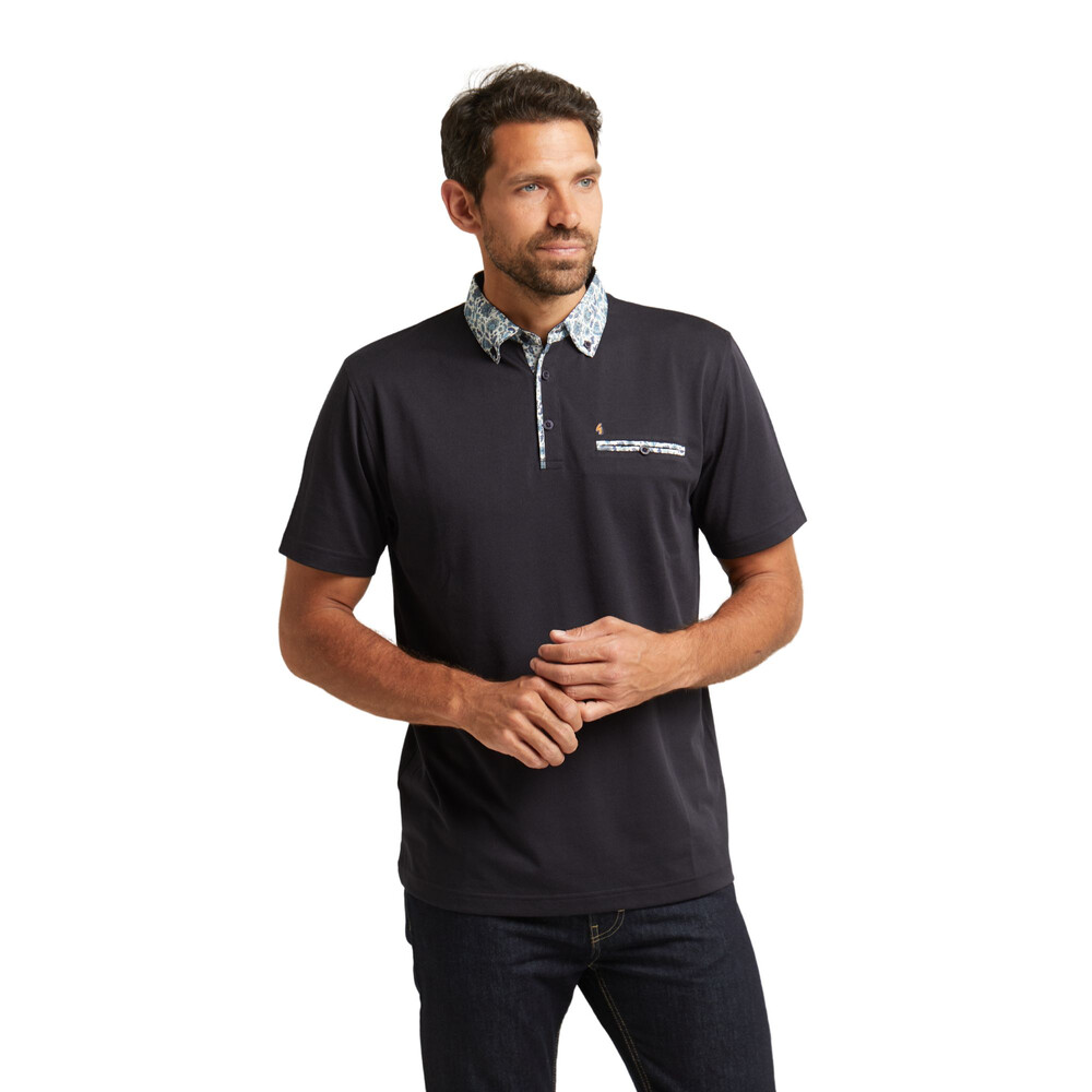 Short Sleeve Contrast Floral Collar Polo Navy