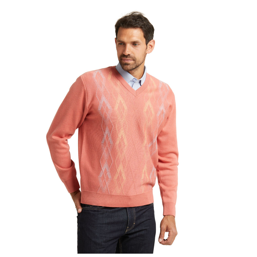 Long Sleeve Pattern Front V Neck Jumper Coral