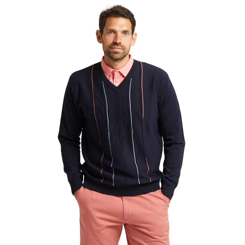 Mens Gabicci Seasonal Long Sleeve Pattern Front Knit V Neck Jumper In Navy