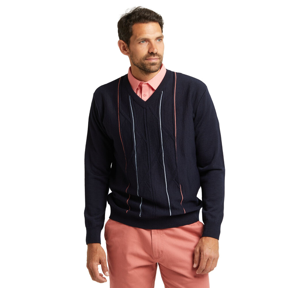 Mens Gabicci Seasonal Long Sleeve Pattern Front Knit V Neck Jumper In Navy