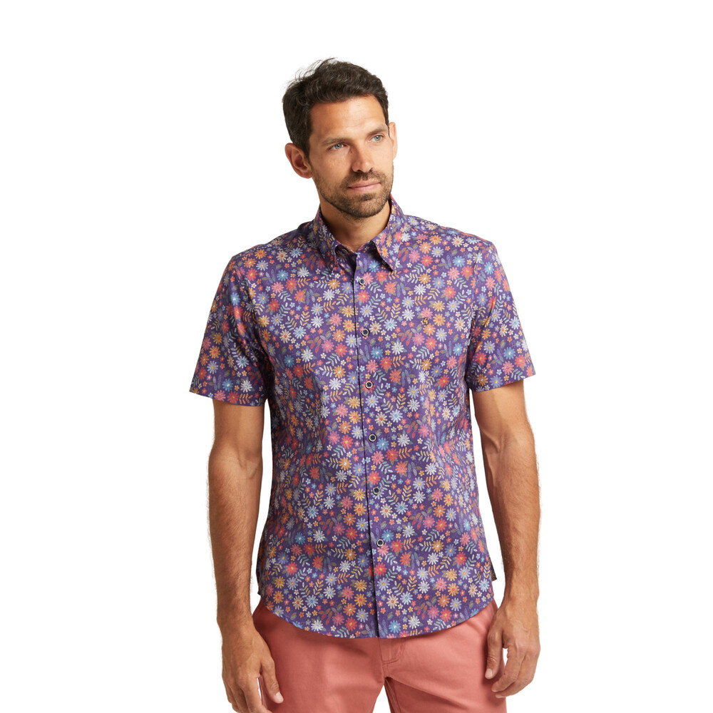 Short Sleeve Flower Pattern Shirt Navy