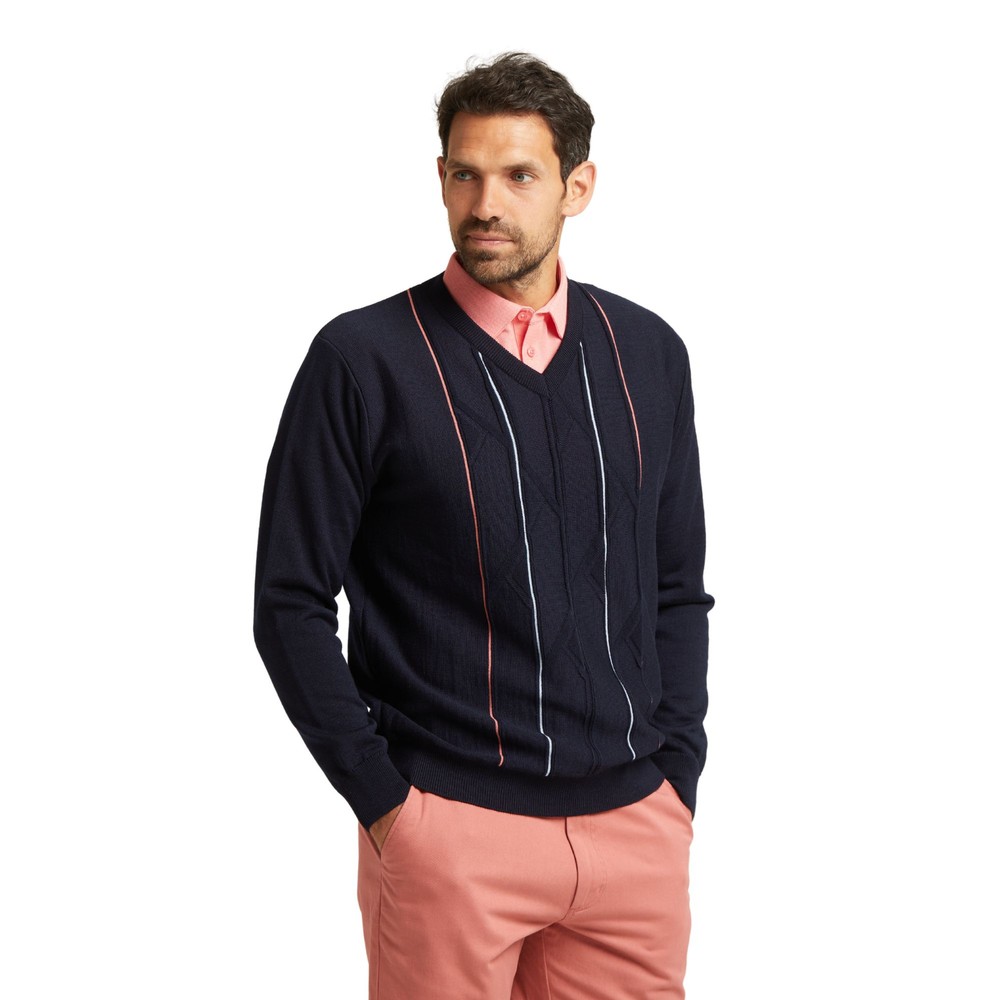 Seasonal Long Sleeve Pattern Front Knit V Neck Jumper Navy