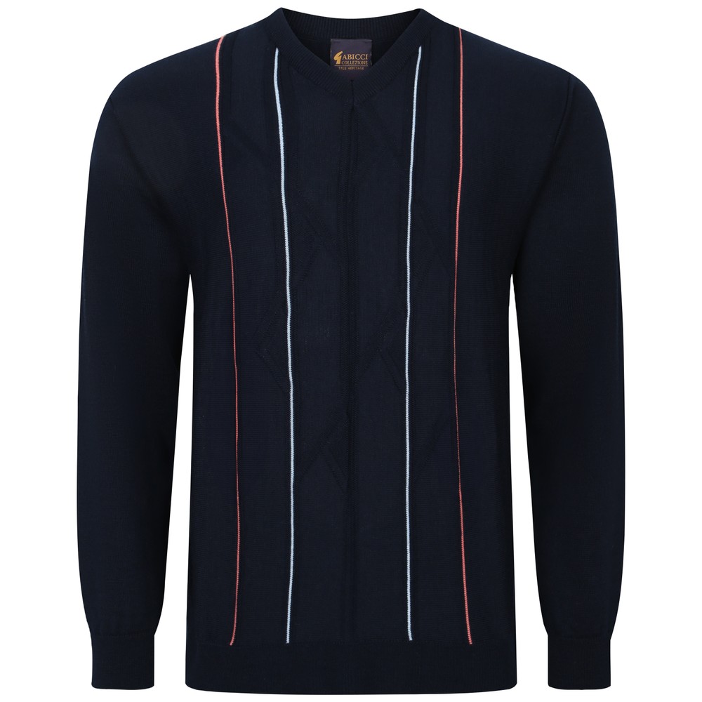 Seasonal Long Sleeve Pattern Front Knit V Neck Jumper Navy