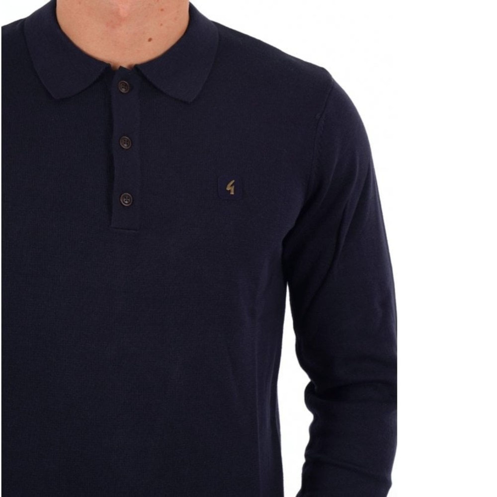 Mens Francesco Three button Knitted Long Sleeve Polo Shirt Navy