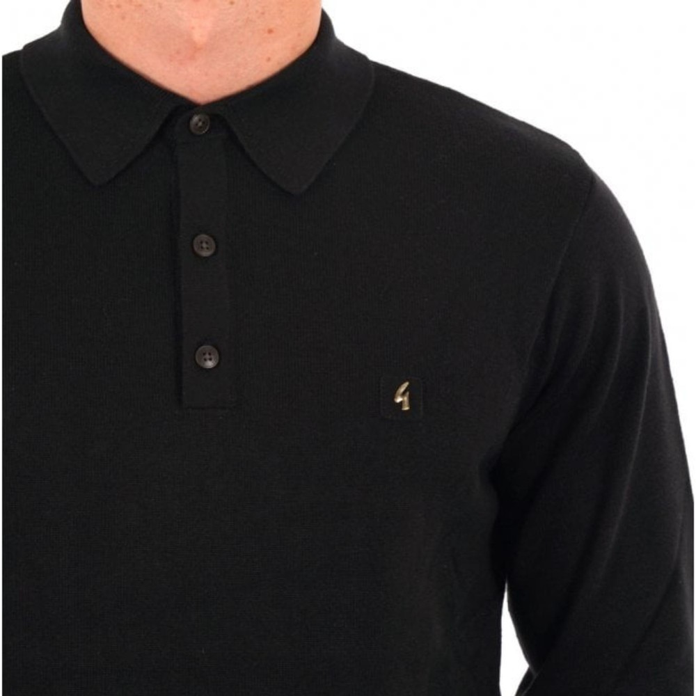 Mens Francesco Three button Knitted Long Sleeve Polo Shirt Black