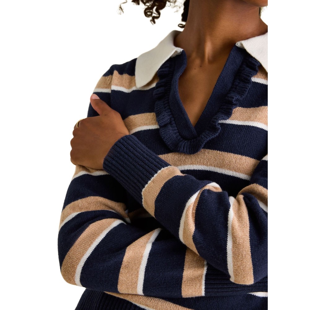 Womens Maddie Oat Striped V Neck Jumper Navy Oatmeal