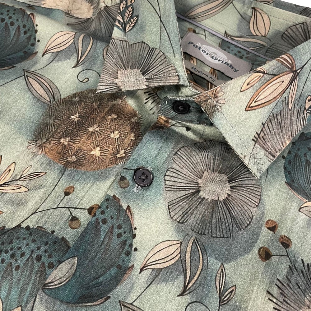 Cotton Satine Printed Long Sleeve Shirt Sage