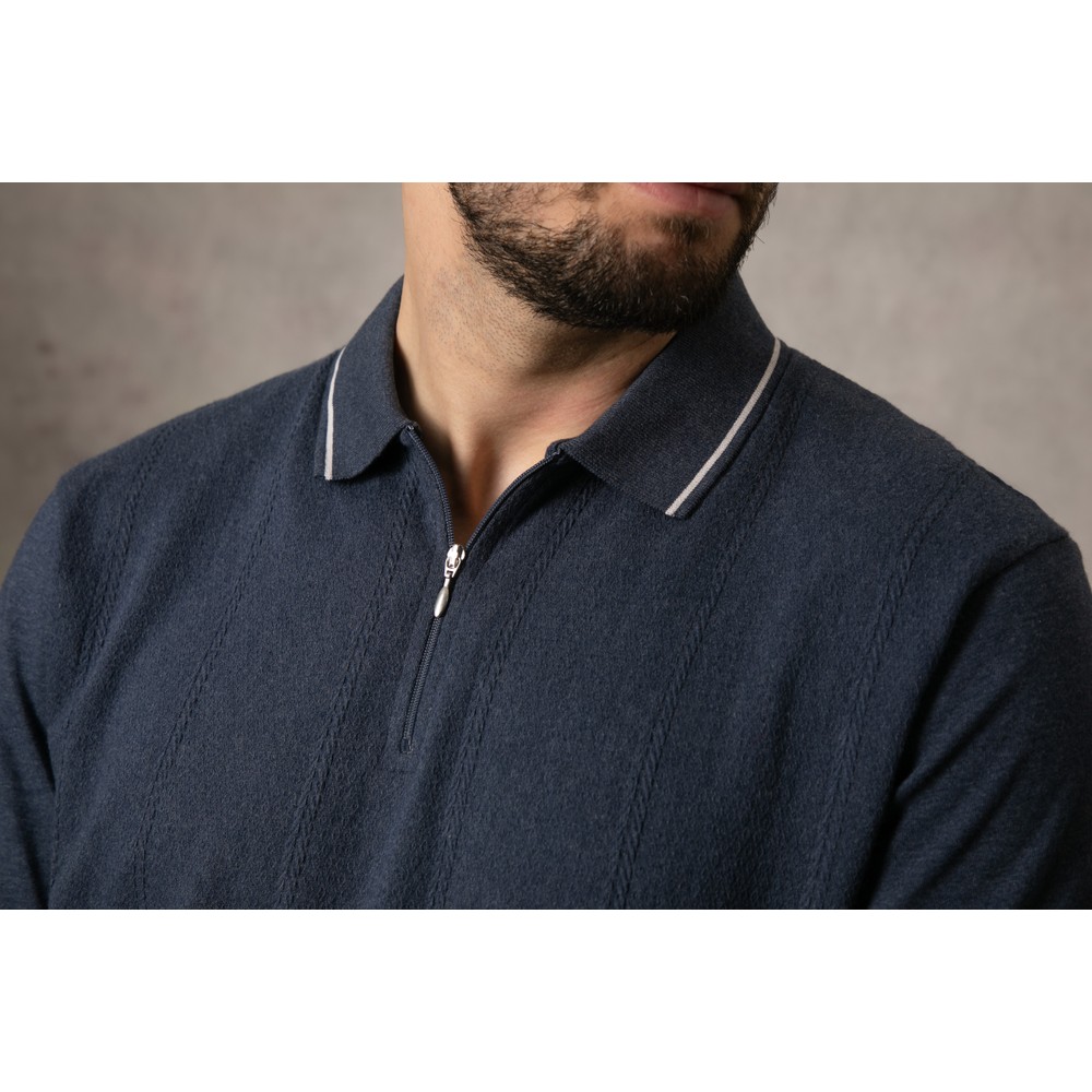 Denim Textured Zipper Polo Shirt Denim
