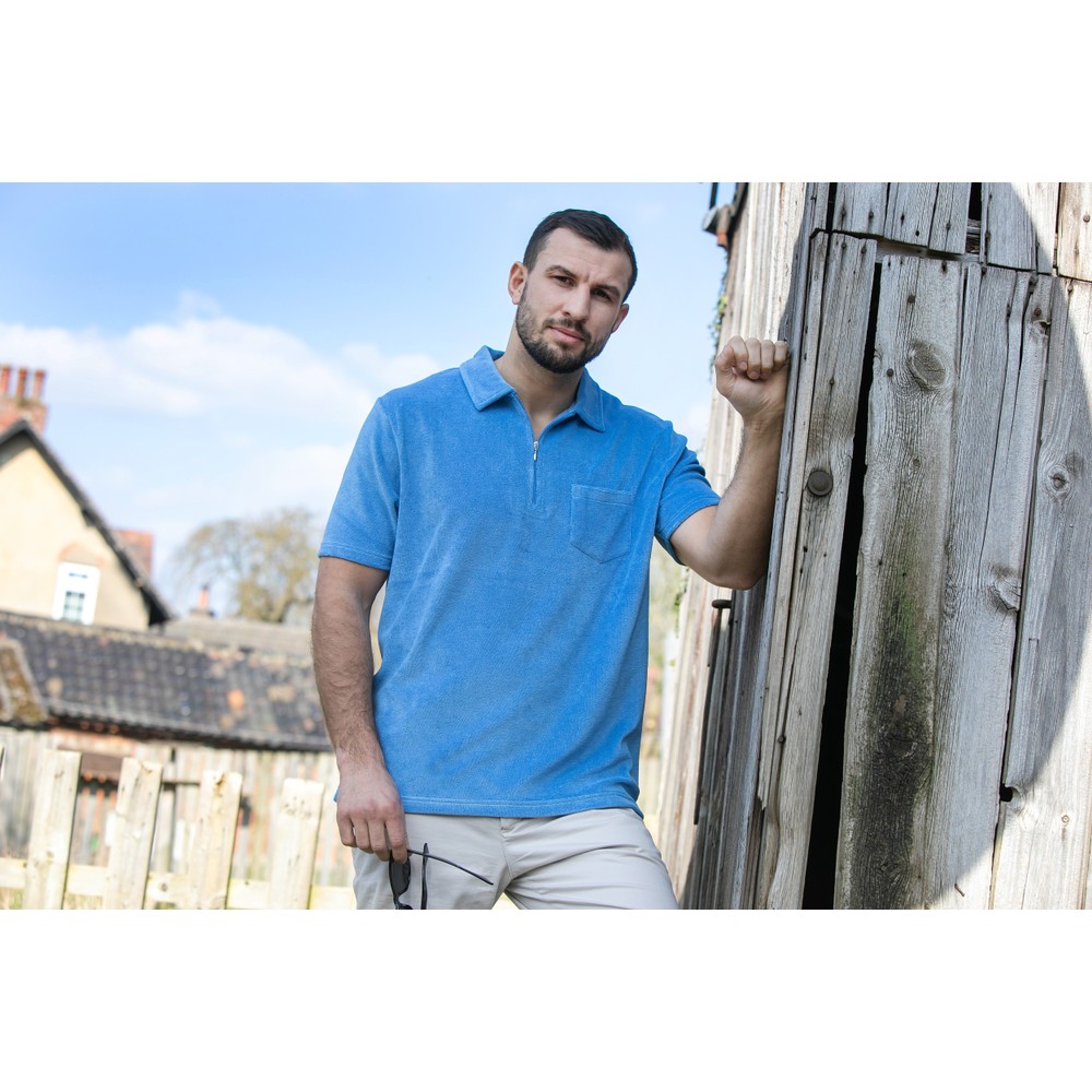 Terry Towelling Zip Polo Sky