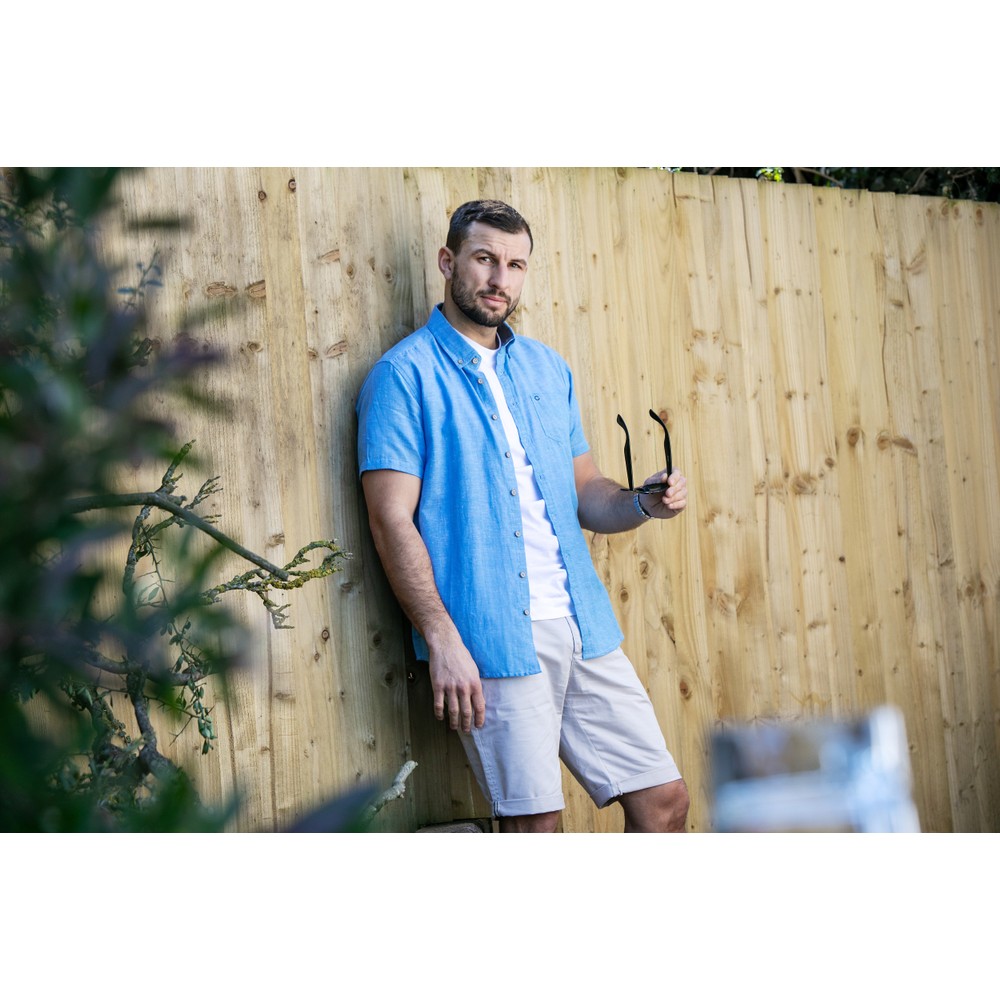 Short Sleeve Linen Rich Shirt Med Blue