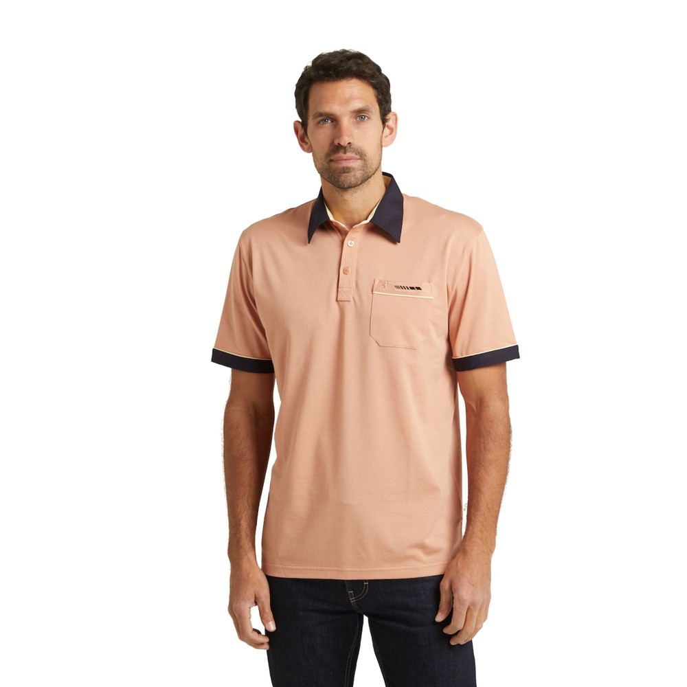 Gabicci Contrasting Collar & Cuff Patterned Jersey Polo Shirt Peach