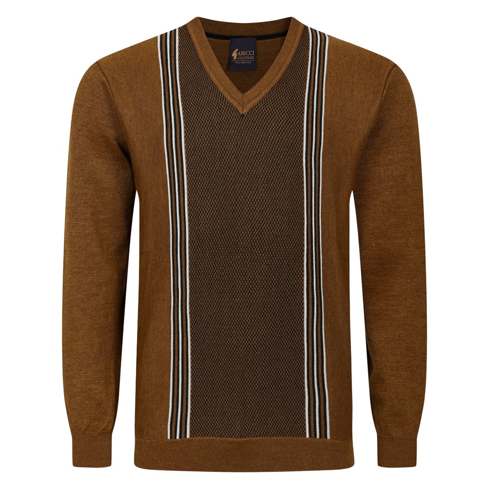 Gabicci V-Neck Retro Stripe Jumper Nutmeg