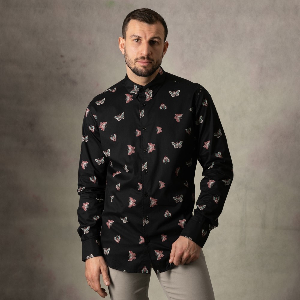 Lizard King Butterfly Print Long Sleeve Shirt Black