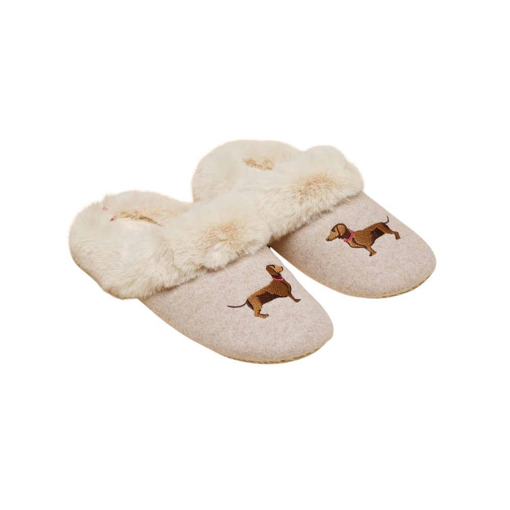 Joules Womens Slippet Dachshund Slippers Oatmeal